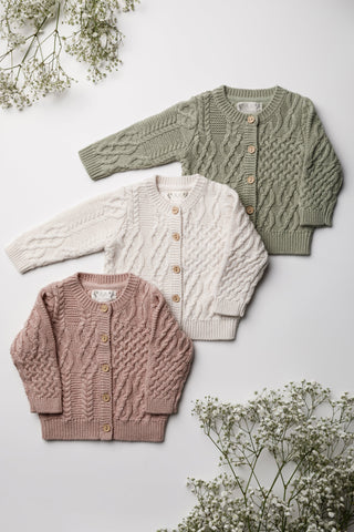Trio of Cable Knit Baby Cardigans in Green, Cream and Pink