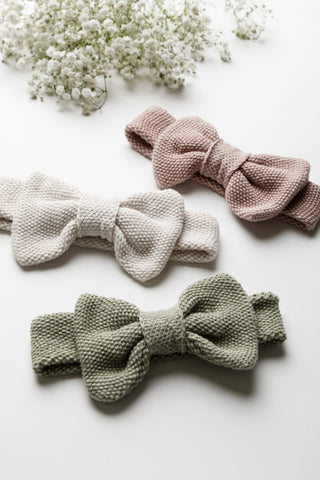Knitted Bow Baby Headbands in Rose, Oat, and Sage