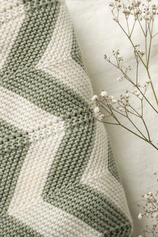 Close up of Sage and Cream Knitted Chevron Baby Blanket 