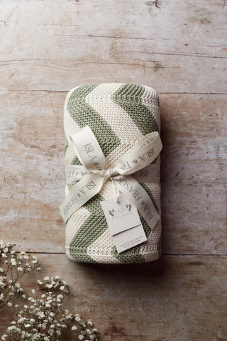 Organic Cotton Chevron Knit Baby Blanket Wrapped in a Ribbon - Sage/Cream