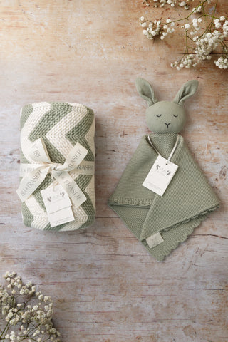 Gift Bundle containing a sage and cream chevron knit baby blanket tied in a ribbon and a sage bunny comforter, on a wooden backdrop with gypsophilia in the corners