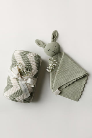 Gift Bundle containing an Organic Cotton Sage and Cream Chevron Baby Blanket tied with a ribbon and Sage Bunny Comforter on a white backdrop with a sprig of gypsophilia
