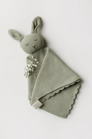 Organic Cotton Isla Bunny Comforter in Sage on a white background with a sprig of gypsophilia