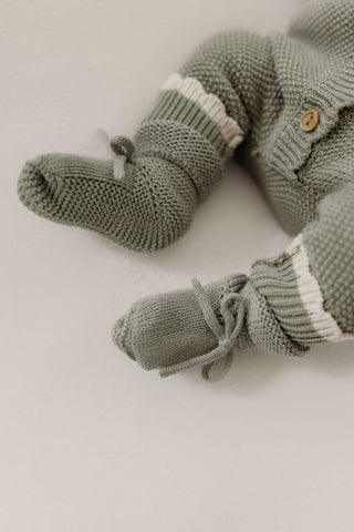 Sage green knitted bow baby booties