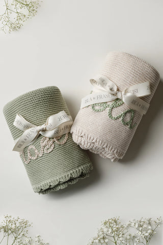 Embroidered Baby Blankets in Green and Beige tied with Isla & Fraser ribbons