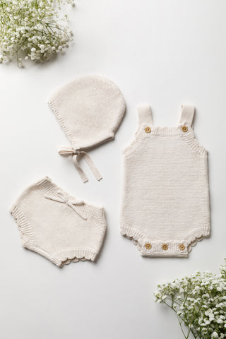 Knitted Baby Gift Set featuring Bonnet, bloomers and romper