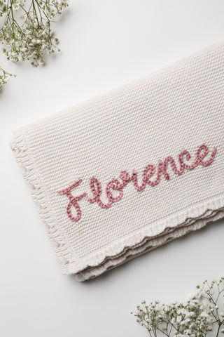 Personalised Baby Blanket with 'Florence' embroidered in pink thread
