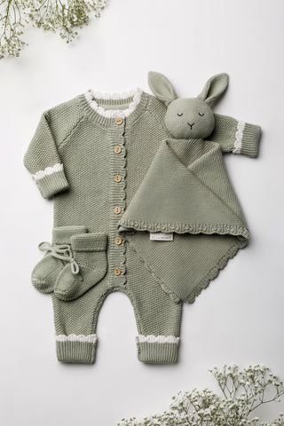Sage green knitted baby gift set
