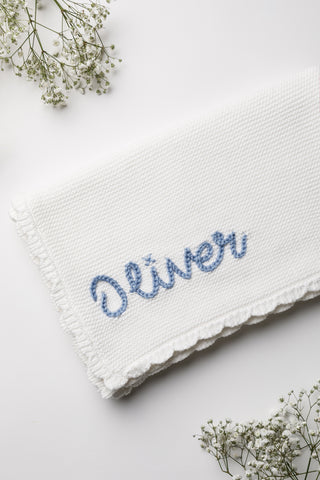 Personalised Baby Blanket with 'Oliver' embroidered in blue thread