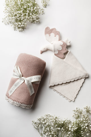 Baby pink and cream knitted gift set of blanket and stork comforter