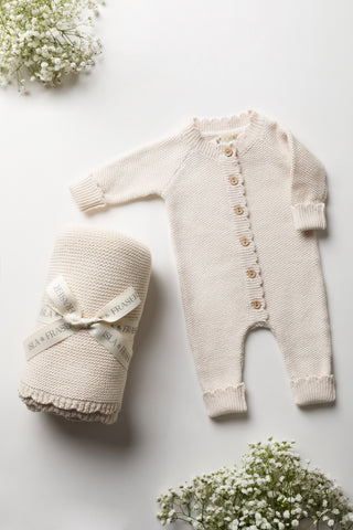 Beige Knitted baby blanket and romper