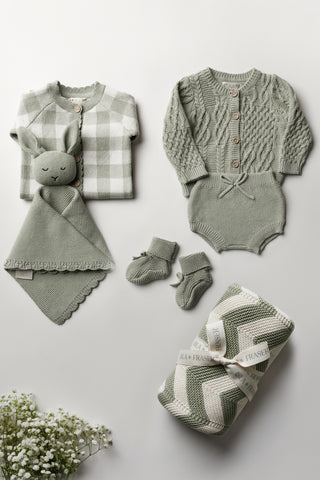 Sage Green Baby Gift Set: gingham romper, bunny comforter, cable knit cardigan, bloomers, booties, stripe blanket.