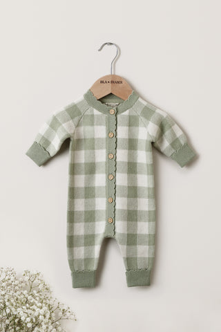 Sage Green Gingham Baby Romper on a wooden Isla & Fraser hanger