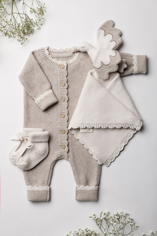 knitted grey and cream baby gift set