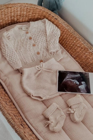 Basket with Pregnancy Scan and Organic Cotton Baby Cardigan, Bloomers, and Booties