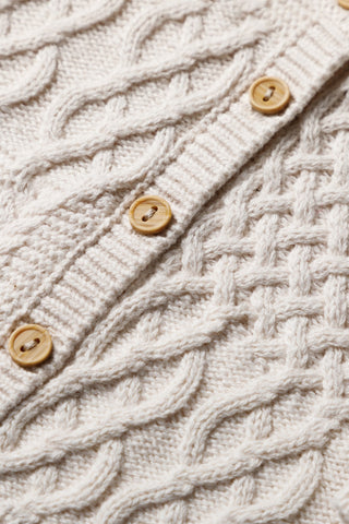Close up of Organic Cotton Baby Cardigan Cable Stitch and Buttons