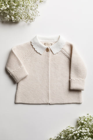 Organic Cotton Scallop Collar Baby Cardigan - Oat