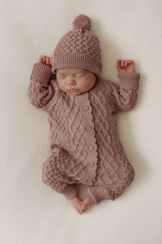 Organic Cotton Cable Knit Baby Romper - Rose