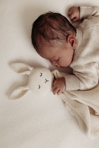 Sleeping newborn baby cuddling sleeping bunny comforter