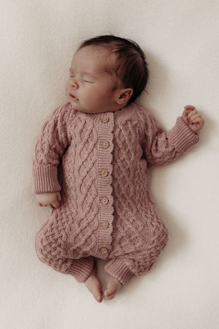 Organic Cotton Cable Knit Baby Romper - Rose