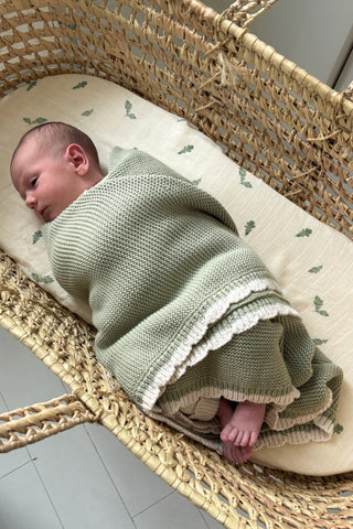 baby in moses basket swaddled in sage green blanket
