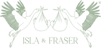 Isla and Fraser brand logo-flying stork delivering baby