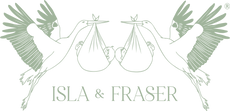 Isla and Fraser brand logo-flying stork delivering baby
