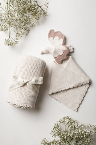 Knitted Neutral Baby Blanket with Isla  Fraser ribbon with Knitted Stork Baby Comforter