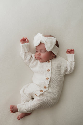 Organic Cotton Moss Stitch Baby Bow Headband - Milk
