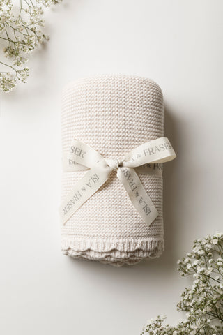 Knitted Organic Cotton Neutral Baby Blanket with Isla & Fraser Ribbon