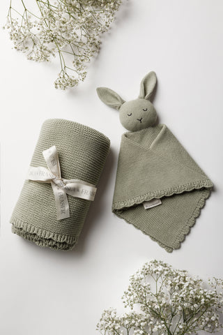 Sage Green Knitted Baby Blanket and Bunny Comforter on a white background