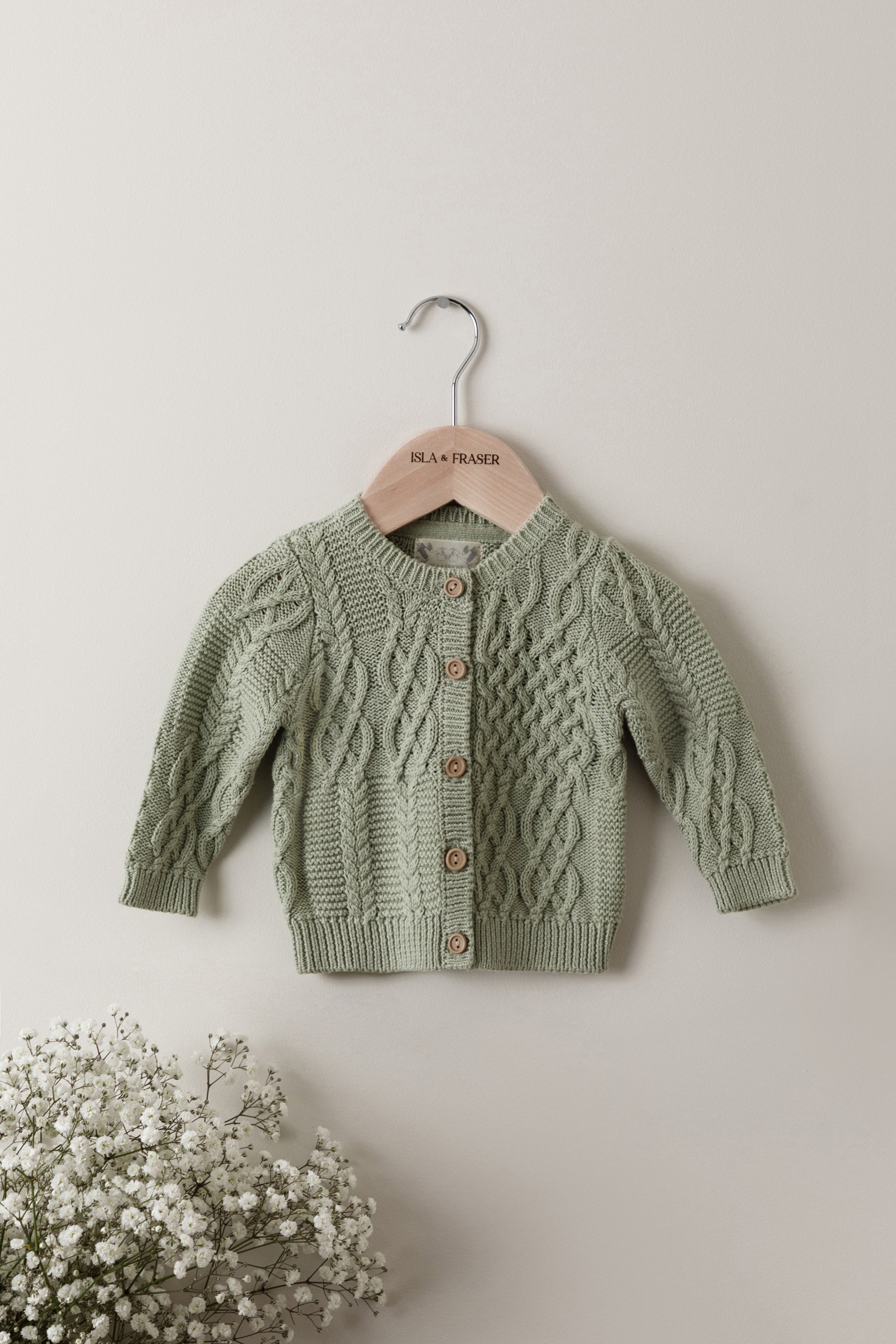Isla and Fraser Sage Green Knitted Baby Cardigan Organic