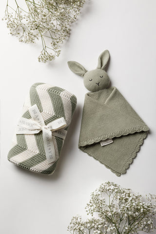 Knitted Sage Green Chevron Stripe Baby Blanket and Bunny Comforter with gypsophilia bouquet