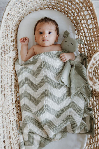 Baby in Moses Basket cuddling Sage Bunny Comforter, with a Sage and Cream Chevron Stripe Knitted Blanket