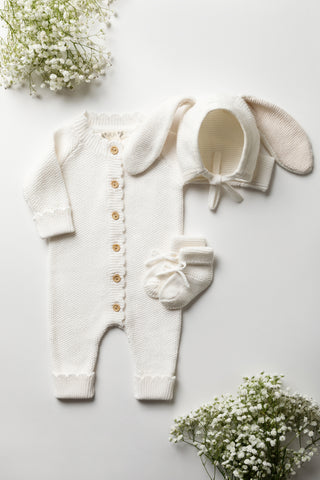 White Knitted baby outfit: Romper, Bunny ear Bonnet, and Booties