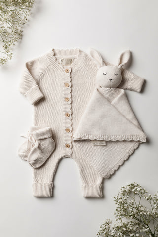 Knitted Baby Booties, Romper and Bunny