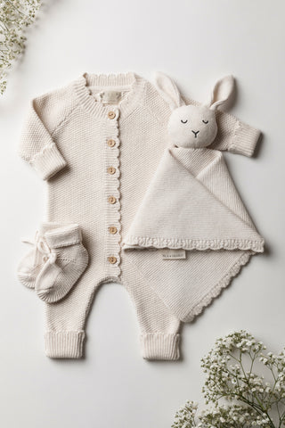 Knitted Baby Booties, Romper and Bunny