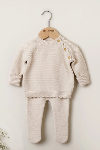 Knitted Baby Jumper and Trousers on a wooden Isla & Fraser hanger