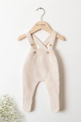 Beige Baby Dungarees on an Isla & Fraser hanger