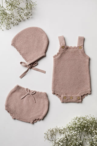 Pink Knitted Baby Bonnet, Romper and Bloomers with bow