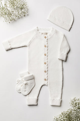 White Knitted Baby Booties, Romper, and Hat