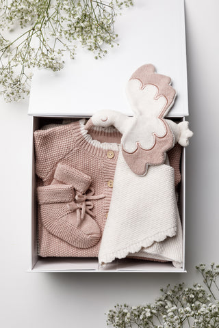 Baby Gift Box containing rose pink and beige baby knitwear