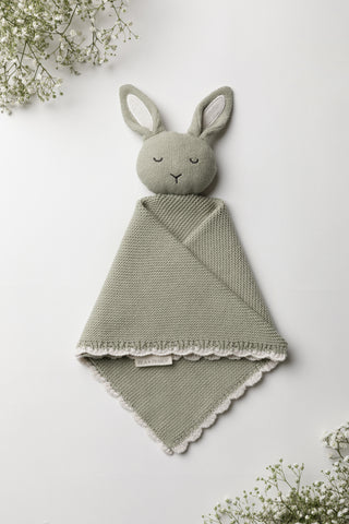 Sage Green knitted 'Isla' Bunny Baby Comforter with 'Isla & Fraser' label and cream ears and scalloped edge blanket