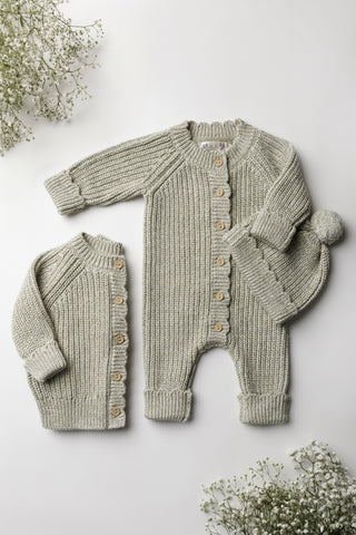Sage green knitted baby cardigan, romper and hat