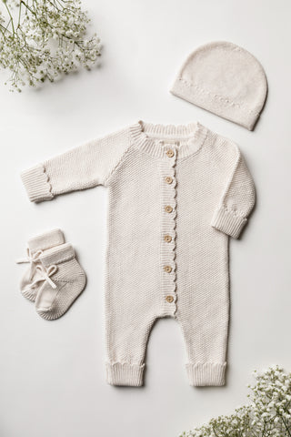 Neutral Knitted Baby Outfit: Booties, Romper and Hat