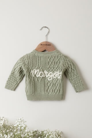 Sage green cable knit cardigan with cream 'Margot' embroidery 