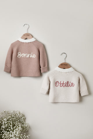 Hand embroidered named cardigans on Isla & Fraser Hangers: Bonnie & Ottilie