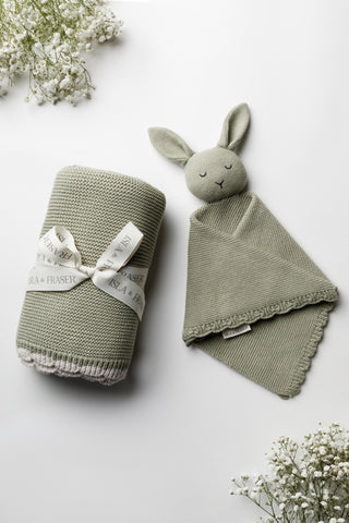 Sage Green Baby Blanket tied with an Isla & Fraser ribbon and a Sage Isla & Fraser Bunny Comforter