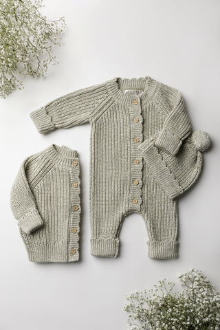 Sage green knitted baby cardigan, romper and hat
