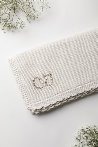 Oat knitted scalloped edge baby blanket with embroidered initials: CJ